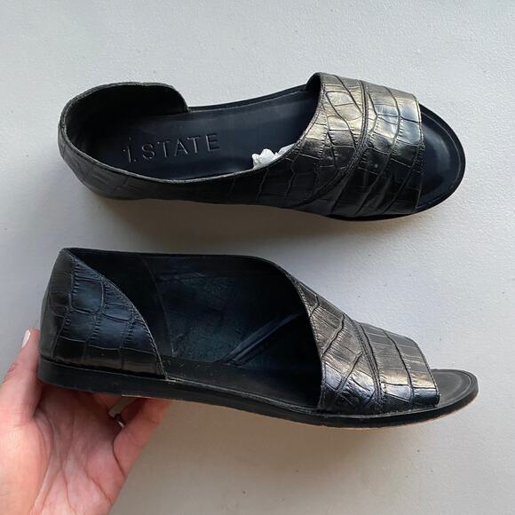 1.STATE Celvin Black Open Toe D'Orsay Flats Croc Embossed Leather Women Sz 6.5 - Picture 2 of 11